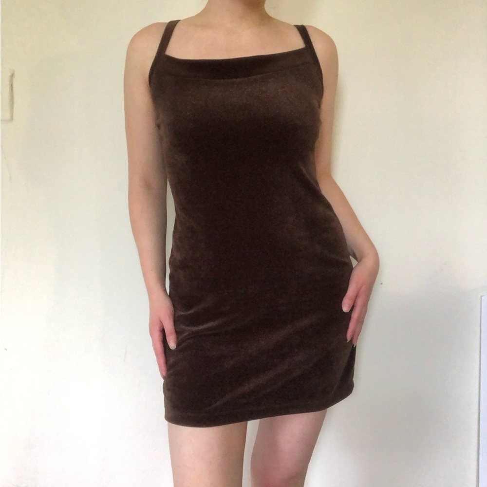 Vintage 90s Sparkly Brown Velour Mini Dress